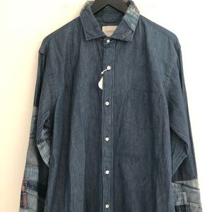 Mens Patchwork Denim Button Up Shirt